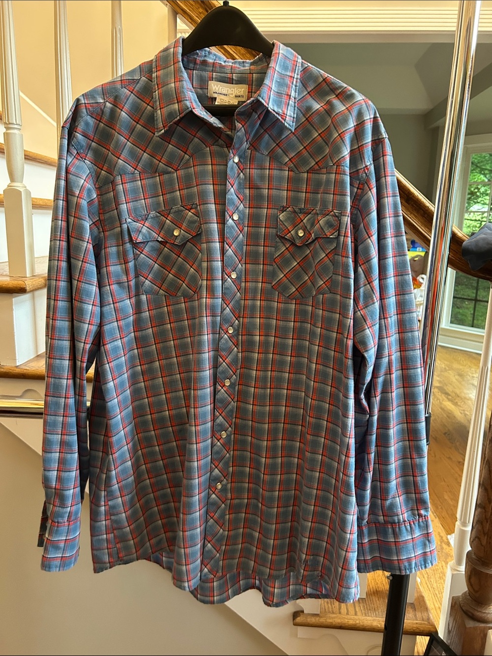 Wrangler Men’s WRancher Blue and Red Plaid Pearl Snap Shirt XL Cowboy Rodeo